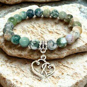 Green Agate Gemstone Heart Charm Bracelet - 8mm Stretchy Crystal Jewelry